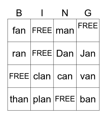 -an Word Family Bingo Card