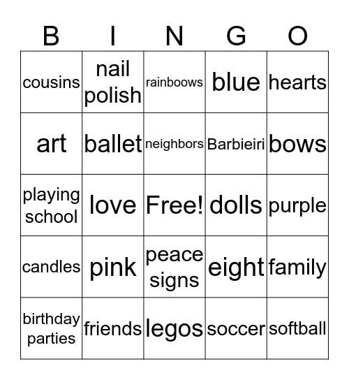 Rebecca is 8!  Bingo Card