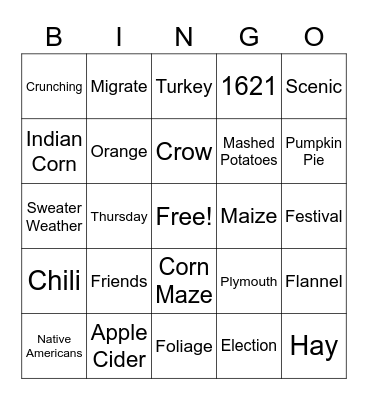 Fall/Thanksgiving Bingo Card
