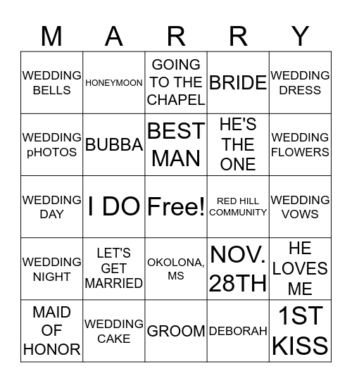 WEDDING BINGO for BUBBA AND DEBORAH Bingo Card