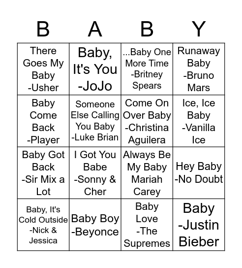 "Baby" Bingo Card