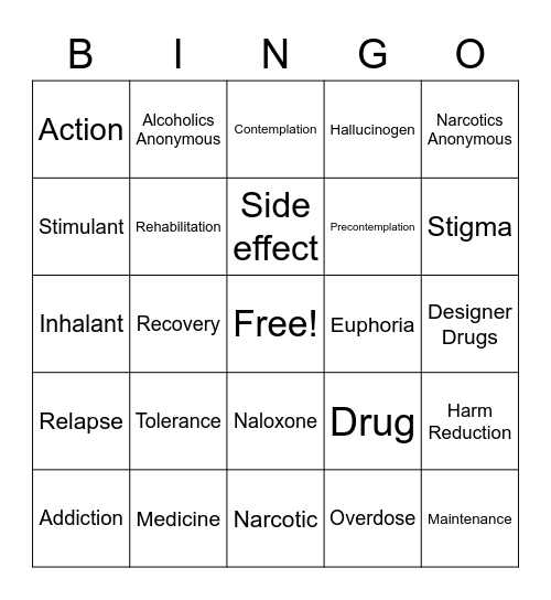 Substance Use Bingo Card