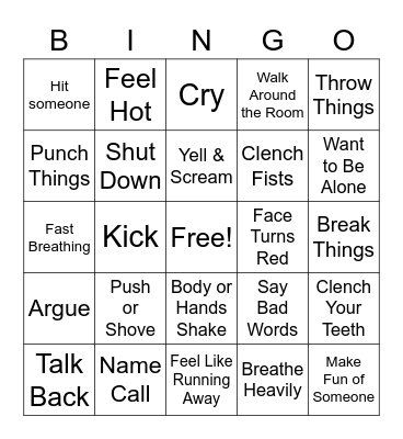 What I feel When I am Angry Bingo Card