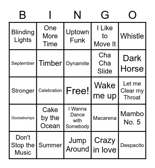 DANCE HITS Bingo Card