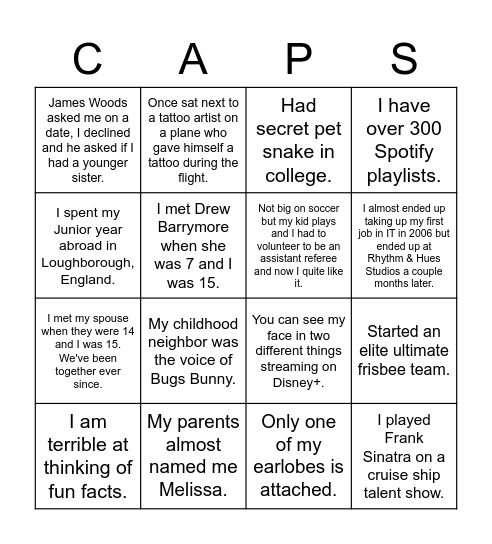CAPS Fun Fact Bingo Card