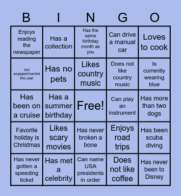 Getting to know you Bingo Card