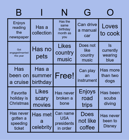 Getting to know you Bingo Card