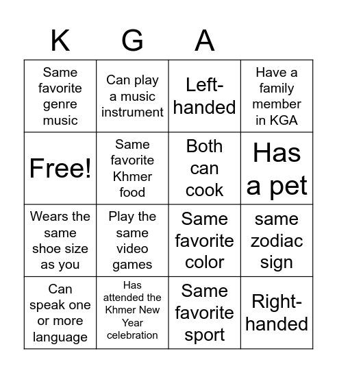 Get - to - know - U (2 per square) Bingo Card