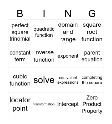 Algebra 2 Honors Vocabulary Bingo Card