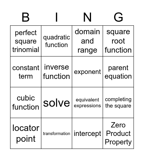 Algebra 2 Honors Vocabulary Bingo Card