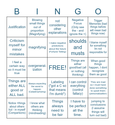 Cognitive Errors Bingo Card