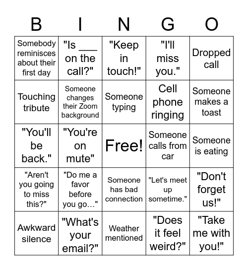 Grace's Farewell Bingo Card