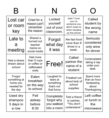 New Teacher BINGO Card
