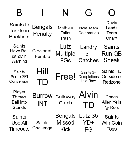 Saints v Bengals 22 Bingo Card