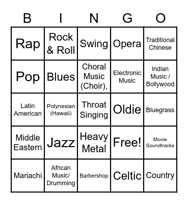 Genre Music Bingo Card