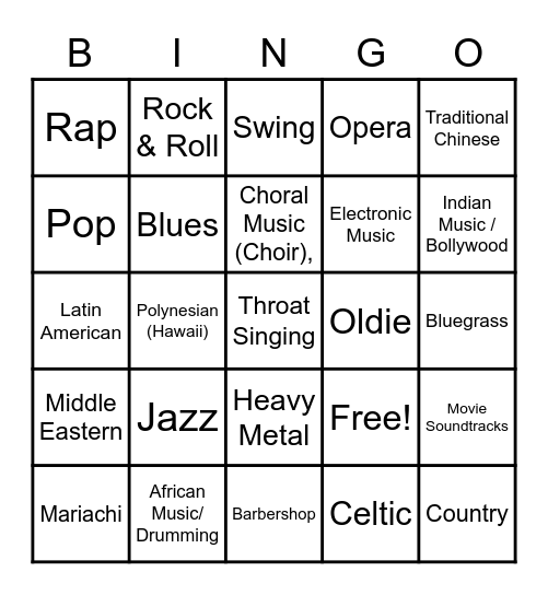 Genre Music Bingo Card