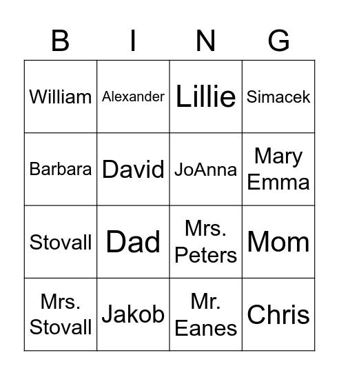 Jakob's Names Bingo Card