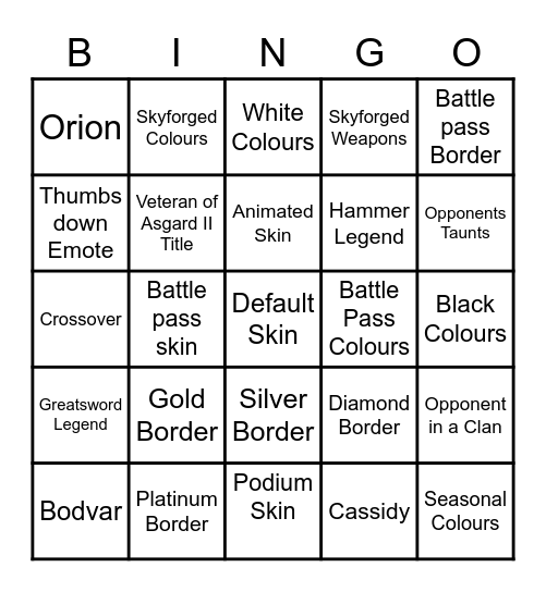 Brawlhalla Bingo Card