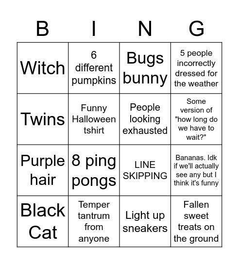 Six Flags: Halloween Edition Bingo Card