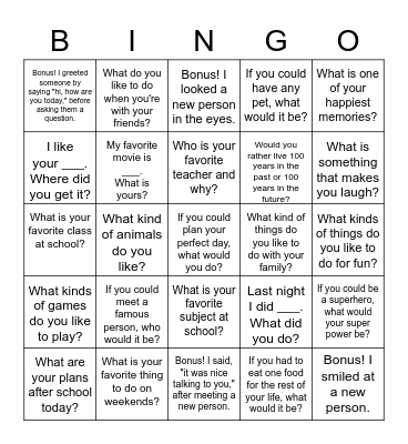 Conversation Starter Bingo Card