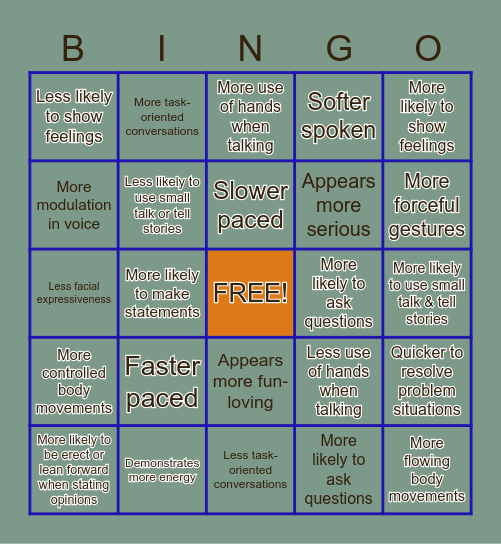 Social Styles Bingo 1 Bingo Card