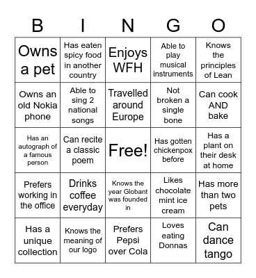 NEO Icebreaker Activity Bingo Card