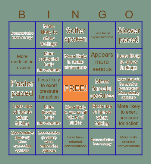 Social Styles Bingo Card