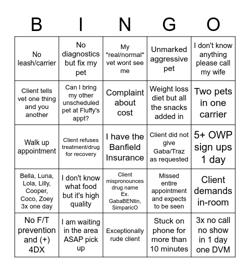 Vet Tech Week 2022 Bingo Card