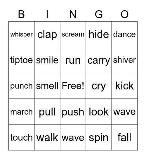 Action Verbs Bingo Card