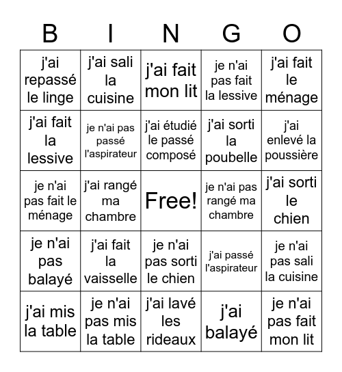 D'accord! 2 Les Tâches Ménagères Bingo Card