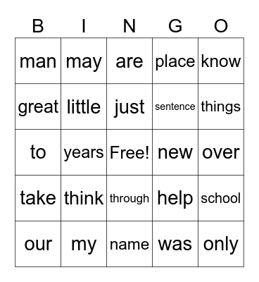Sight Word Bingo Card