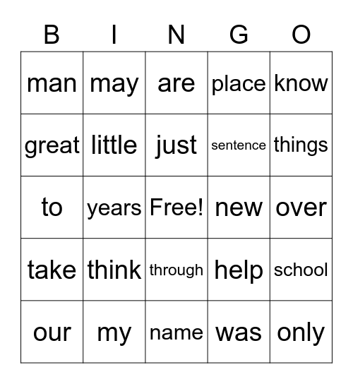 Sight Word Bingo Card