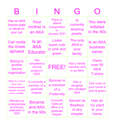 ALPHA KAPPA ALPHA SORORITY Bingo Card