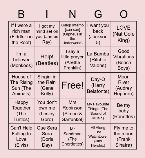 50s & 60s Bingo Card