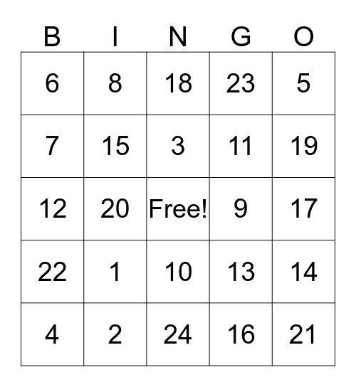 numeros 1-20 Bingo Card