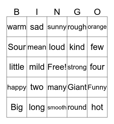Adjectives  Bingo Card