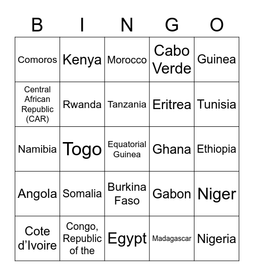 African Countries Bingo Card