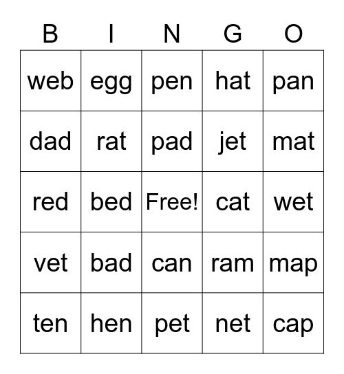 Short vowel A-E Bingo Card