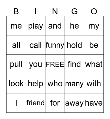 My Sight Words Bingo Card