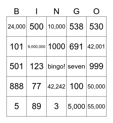 Big numbers Bingo Card