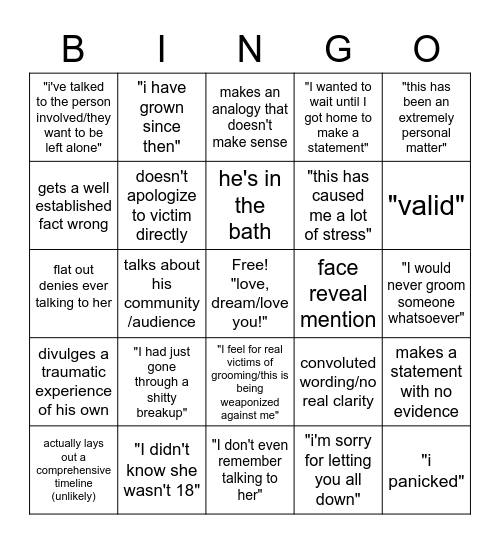 Dritlonger Bingo ~ Flirting w/17yo Edition Bingo Card