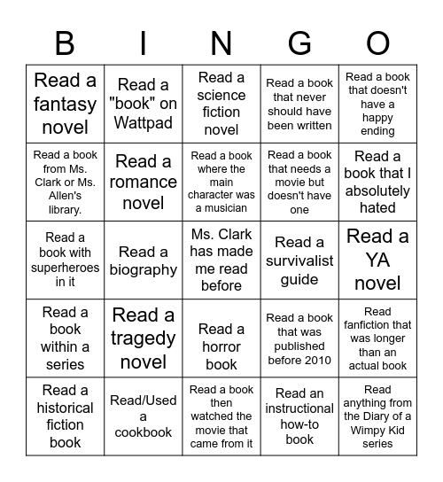 Reading Bingo Card