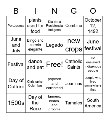 Dia de la Raza and Festa Junina Bingo Card