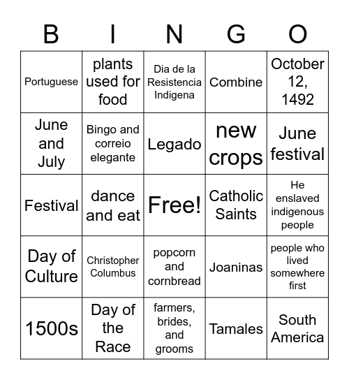 Dia de la Raza and Festa Junina Bingo Card