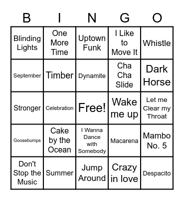 DANCE HITS Bingo Card