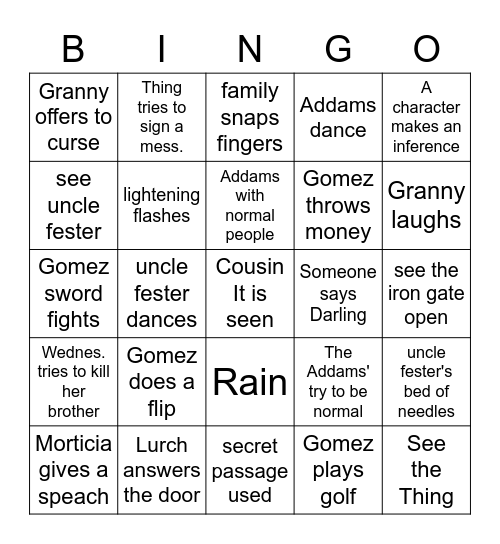 Addams Family Bingo Card