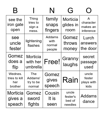 Addams Family Bingo Card