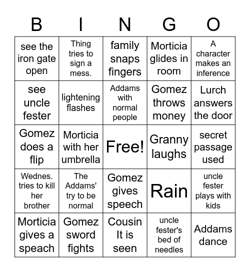 Addams Family Bingo Card