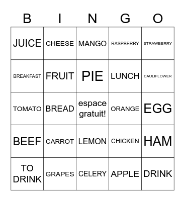 la nourriture Bingo Card