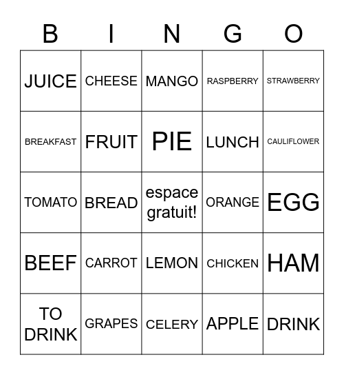 la nourriture Bingo Card